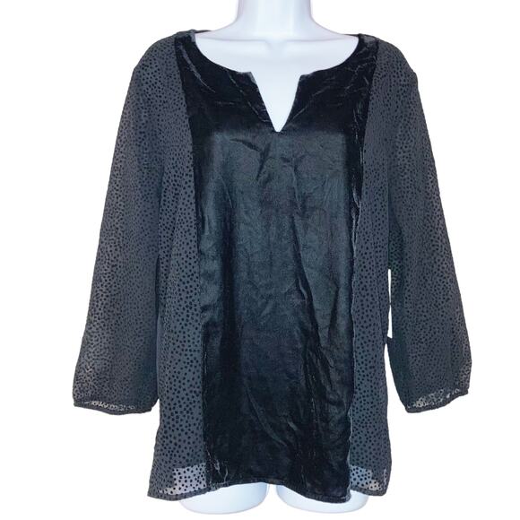 Stitch Fix Large Black Velvet Rosabella Semi Sheer Swiss Dot Blouse Split Neck - Picture 1 of 16